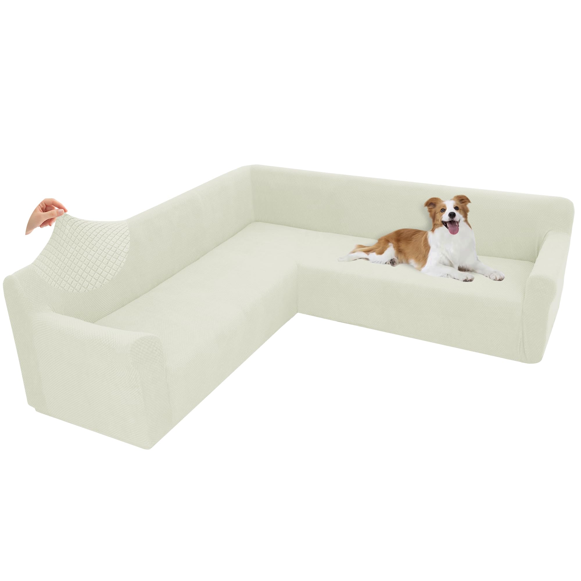 Photo 1 of Arfntevss Stretch Sectional Couch Covers L Shaped Corner Sectional Sofa Cover Washable Jacquard Soft Fleece U Shape Sofa Slipcovers Anti Slip Furniture Protector for Dogs Pets (Large, Cream)