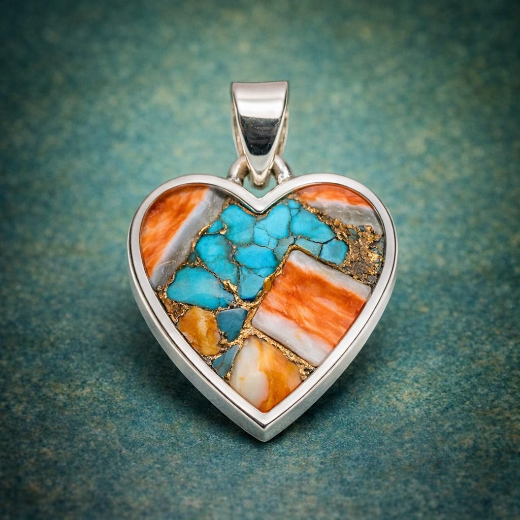 Natural Orange Spiny Oyster Turquoise Heart Pendant – 925 Solid Sterling Silver Handmade Statement Jewelry, Valentine Gift for Women