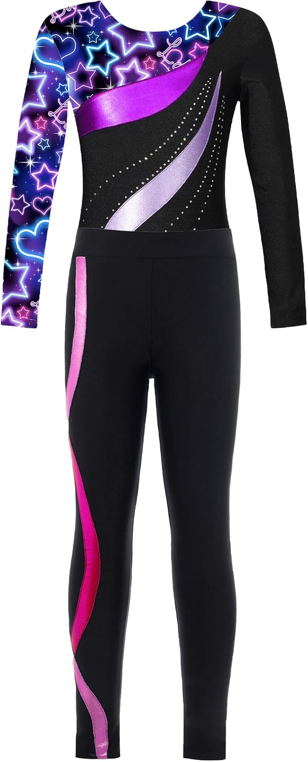 Long Sleeve Gymnastics Leotards Set for Kids Girls Rhinestone Printed Bodysuit with Leggings