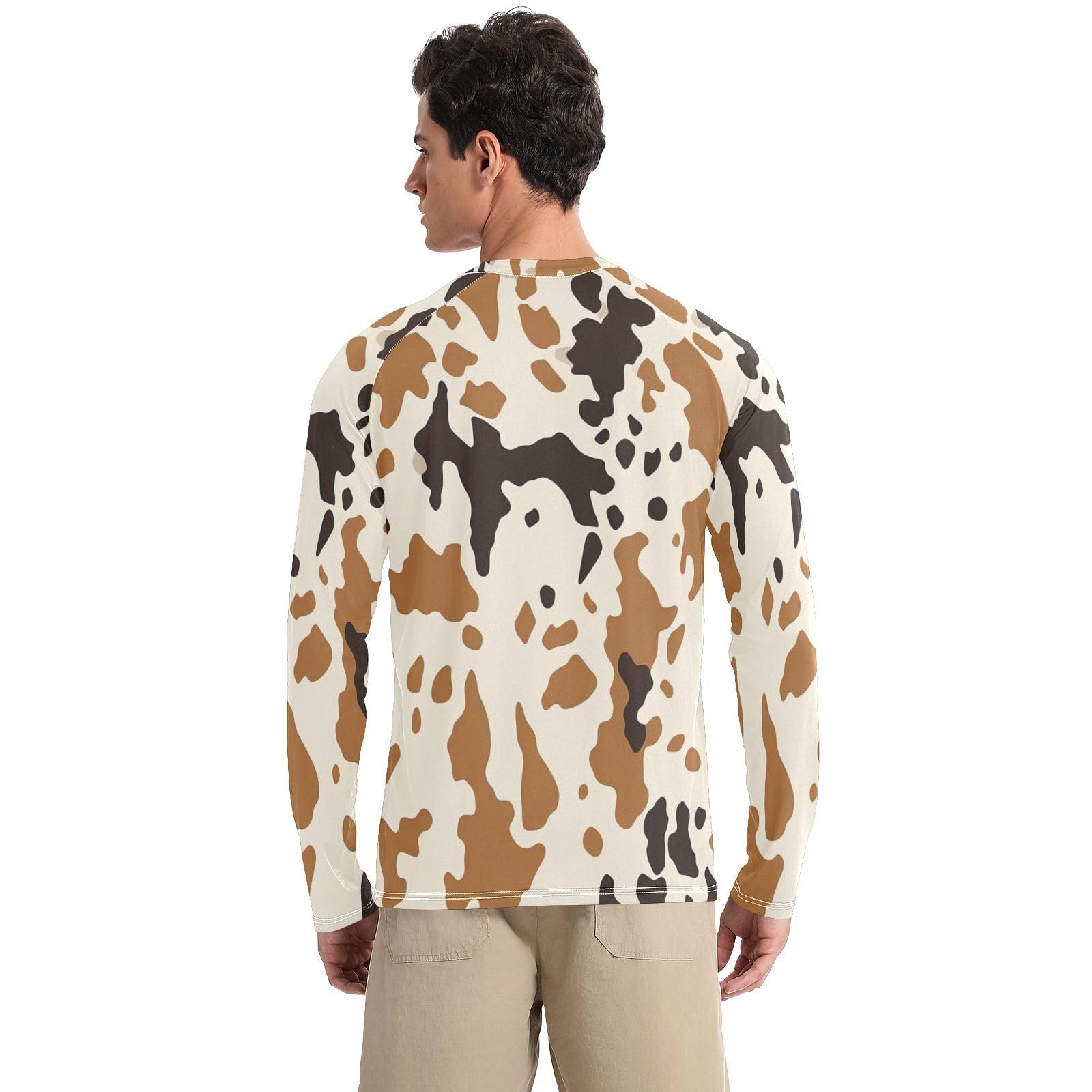 Brown Cow Prints Mens Rash Guard Quick Dry UPF 50+ Sun Protection Long Sleeve Beach Shirts Sun Shirt for Outdoor, X-Large