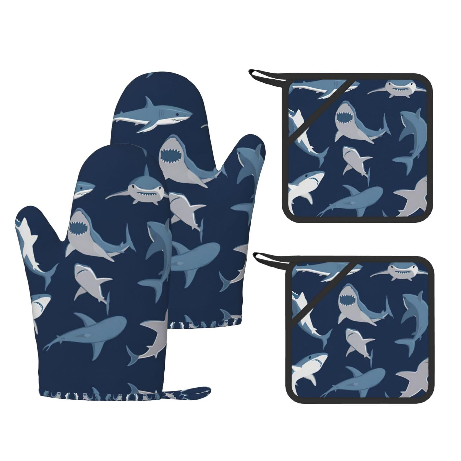 Blue Cartoon Shark Printed Pot Holders and Oven Mitts 4-Piece, Non-Slip Kitchen Gloves with Utensil Pocket for BBQ