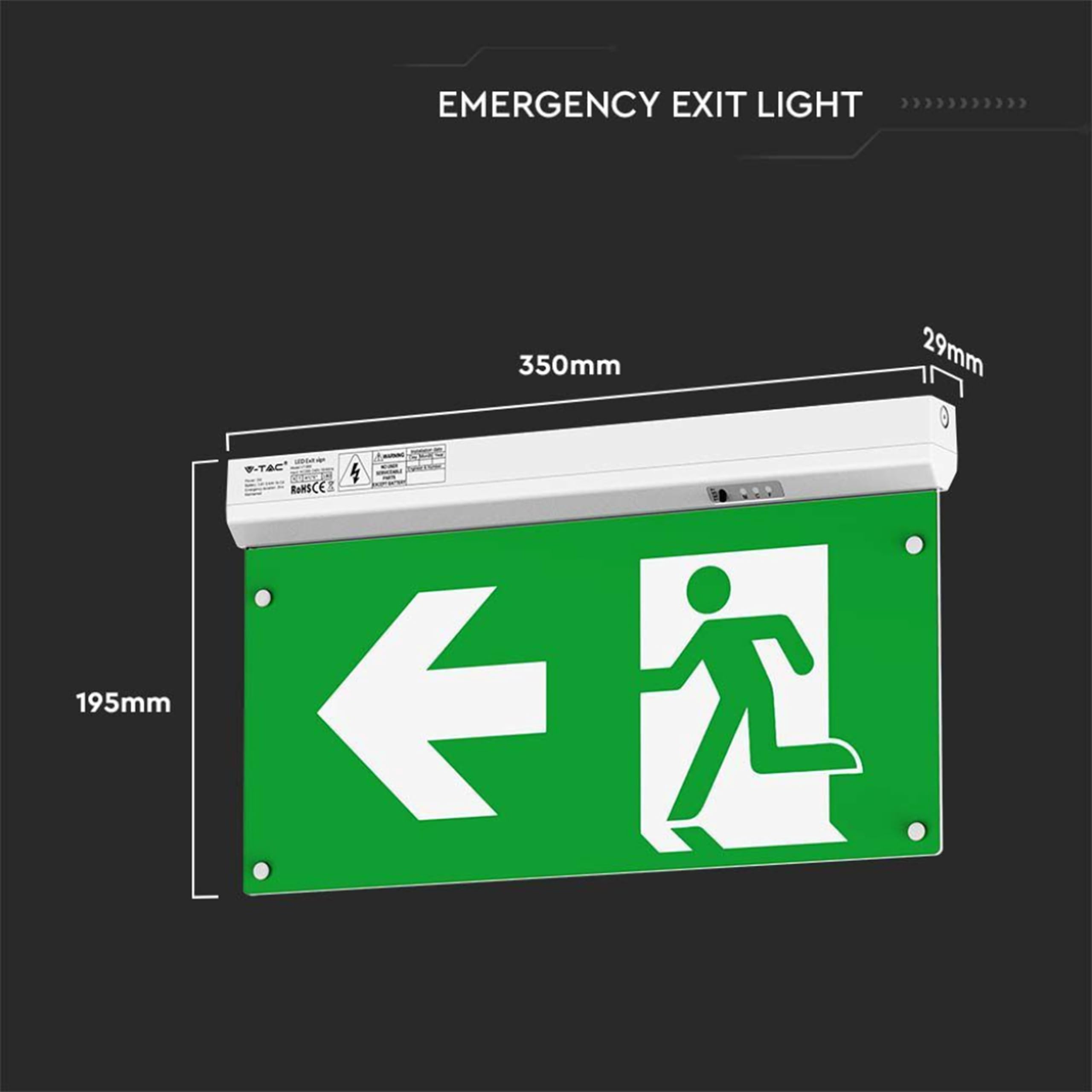 V-TAC Lampada LED Uscita di Emergenza 4 in 1 per Soffitto e Parete - Visibile da 30 Metri - Pulsante di Autotest - Luce LED Uscita di Emergenza e Via di Fuga - Exit - 4 Segnalazioni Incluse - 6000K