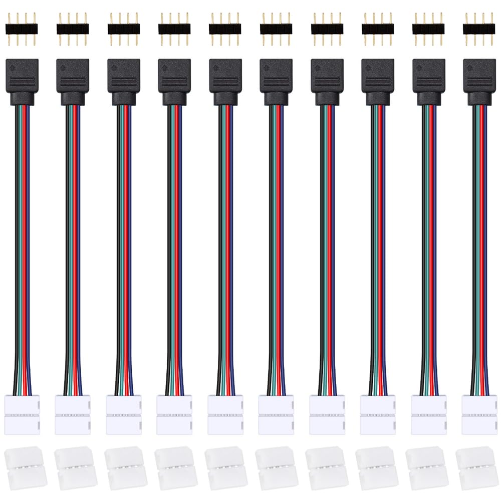 HAAMNING7 LED RGB Connector Male to Female Cable, 4 Pin 10mm Wide Strip to Controller Adapter Cord for 5050 3528 RGB LED Light Strip, With Male 4 Pin Plugs, 4 Pin LED Light Strip Connectors(10 Pack)