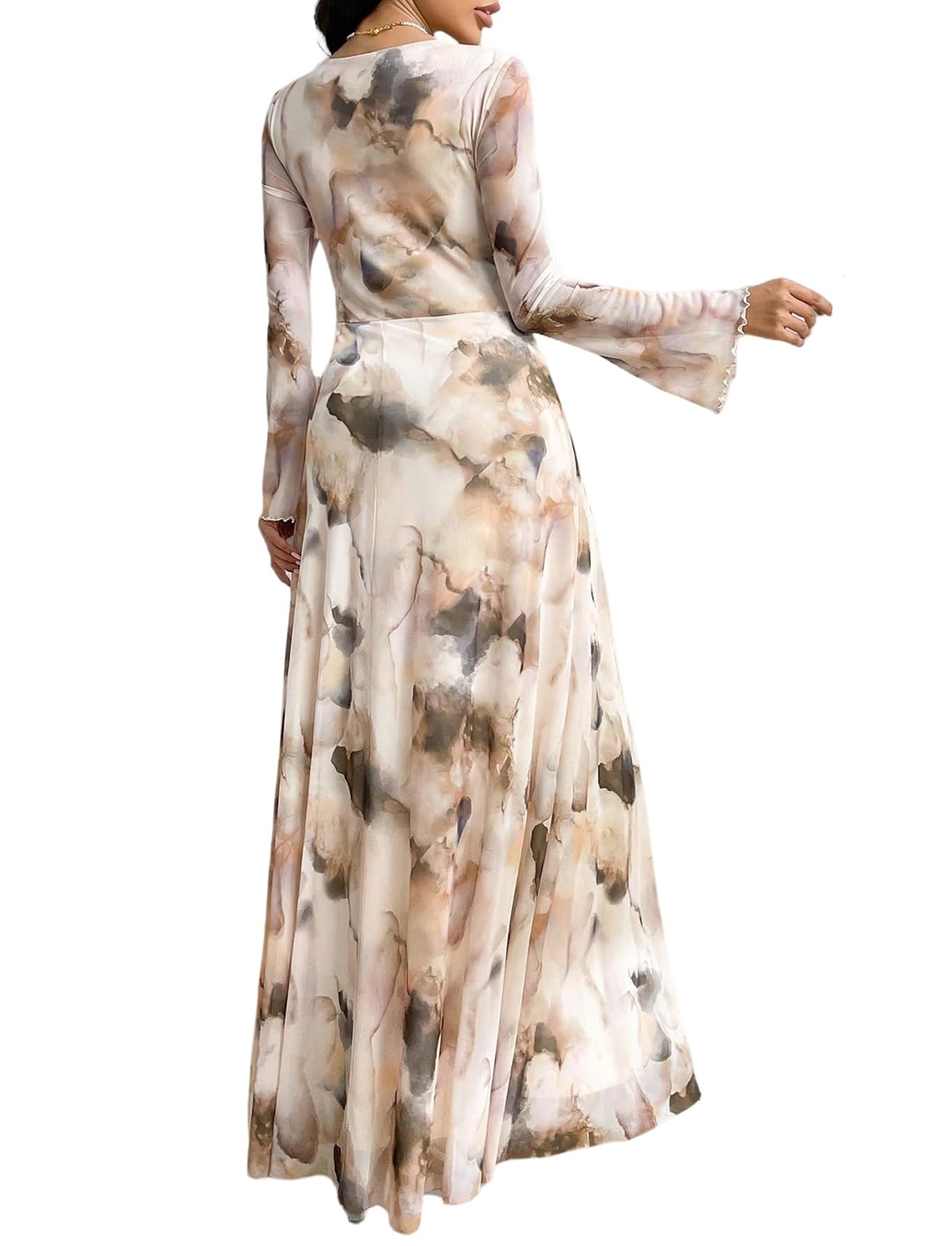 SweatyRocks Hochzeitsgast Kleid Damen Lang Maxikleider Abendkleider Elegant Langarm Kleid A Linie Herbstkleid Winterkleider Mit Batik