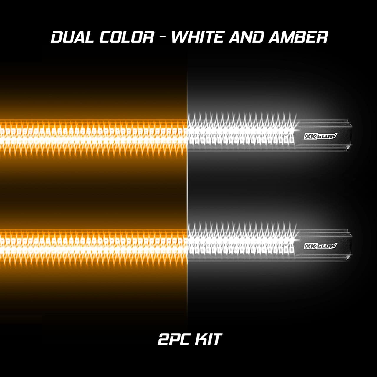 Close-up of two XKGLOW light bars, one illuminated in amber and the other in white, illustrating the dual-color capability.