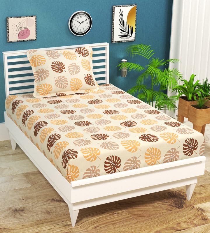 BSB HOME Premium Cotton 180tc Flat Single Bedsheets for Summer Breathable | Wrinklefree (Size-60 x 90 Inch) with 1 Pillow Covers (Size-17 x 27 Inches, Beige Brown Leaf Print)
