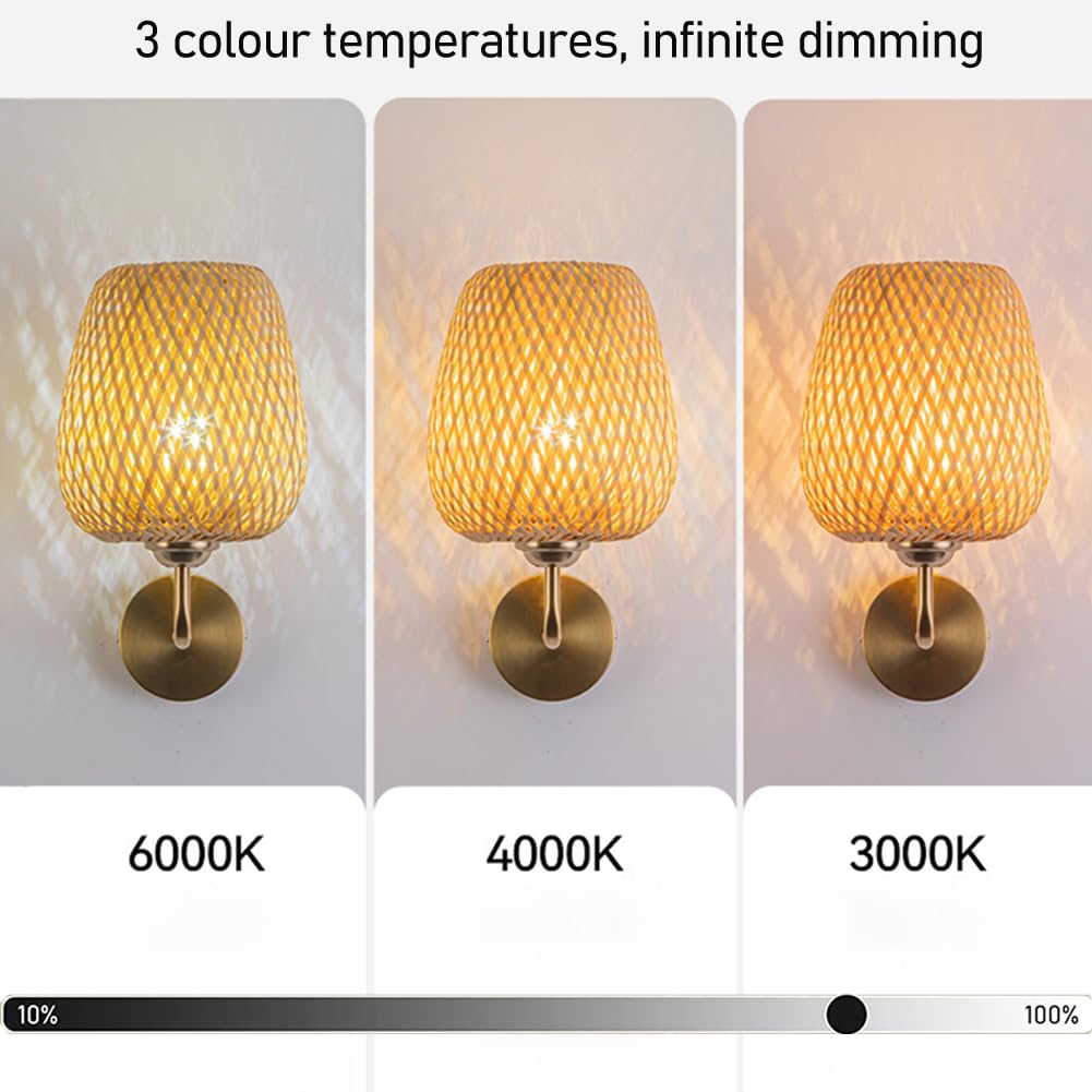 Lampa Ścienna LED Boho Wnętrze Złoto Ściemniacz Pilot Lampka Bohol Rattan Bez Podłączenia do Prądu Lampy Ściennej Retro Timer, 2 sztuki Bateria Lampa Salonowa Bambus Ręcznie Tkana USB Ładowalna