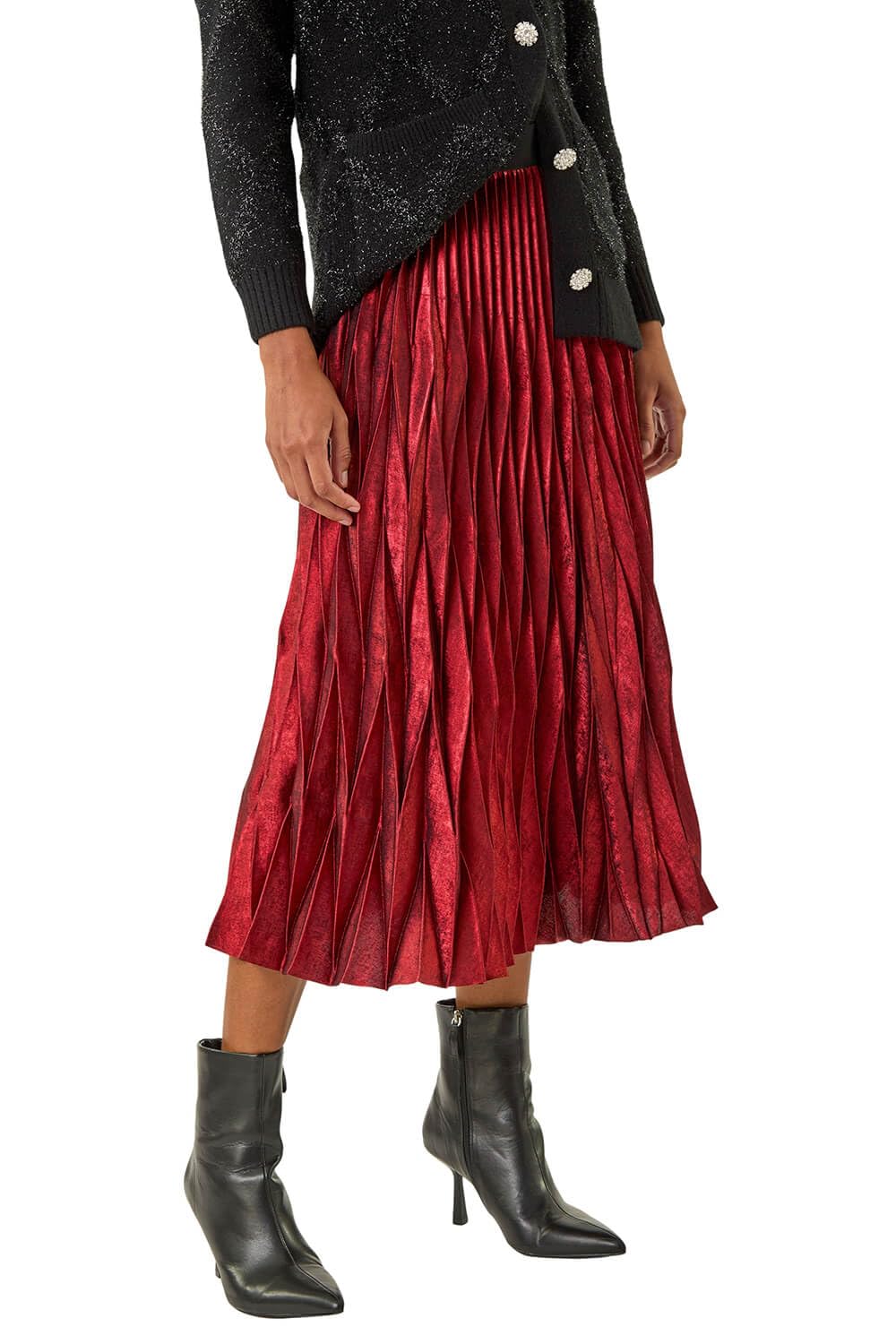 Roman Originals Foil Pleated Skirt for Women UK - Ladies Everyday Autumn Winter Comfy Soft Evening Vacation Work Party Night Out - Red - Size 16