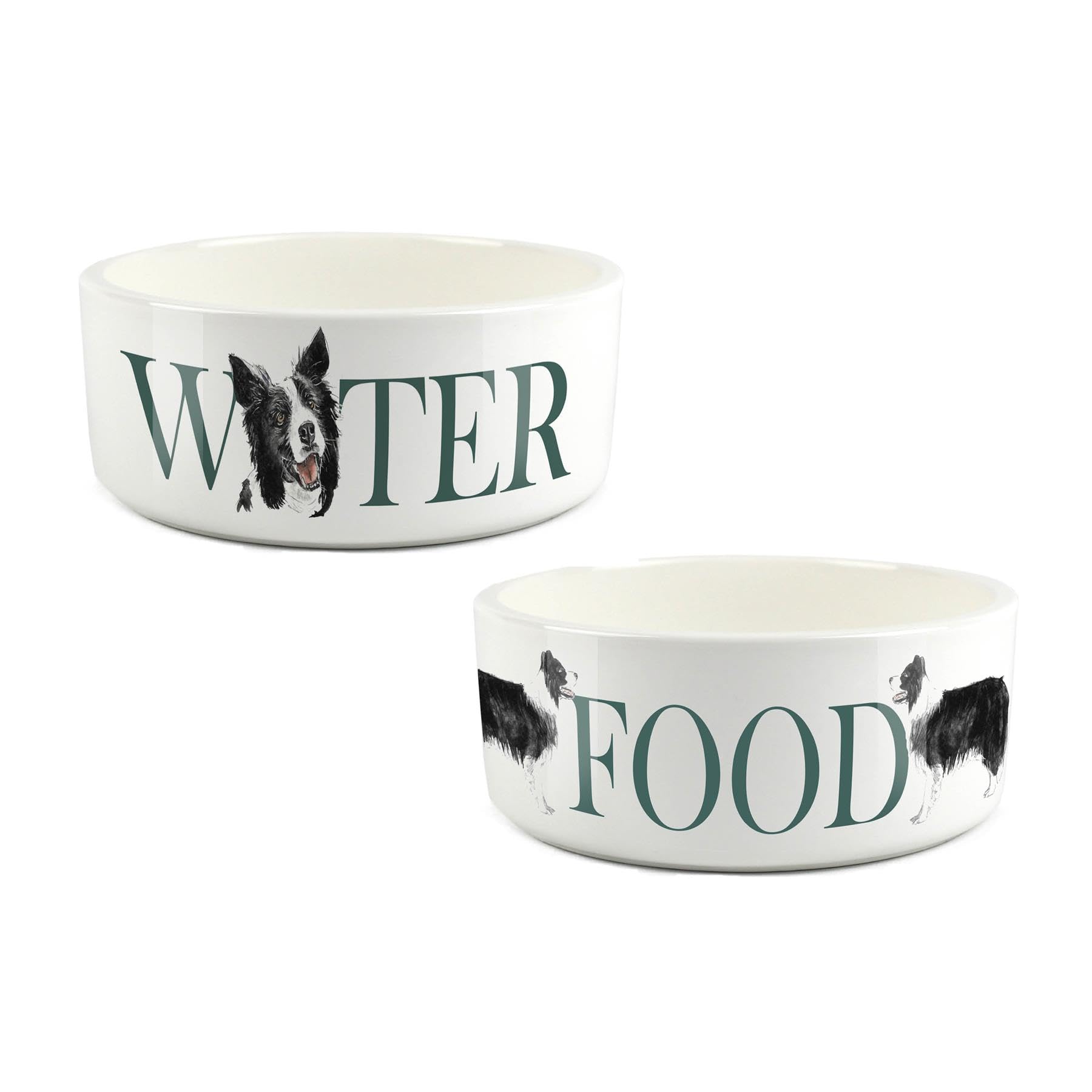 Border Collie Pet Bowl Set - Food & Water Ceramic Food Bowls - Large White Feeding Dishes For Dogs (Set of 2)