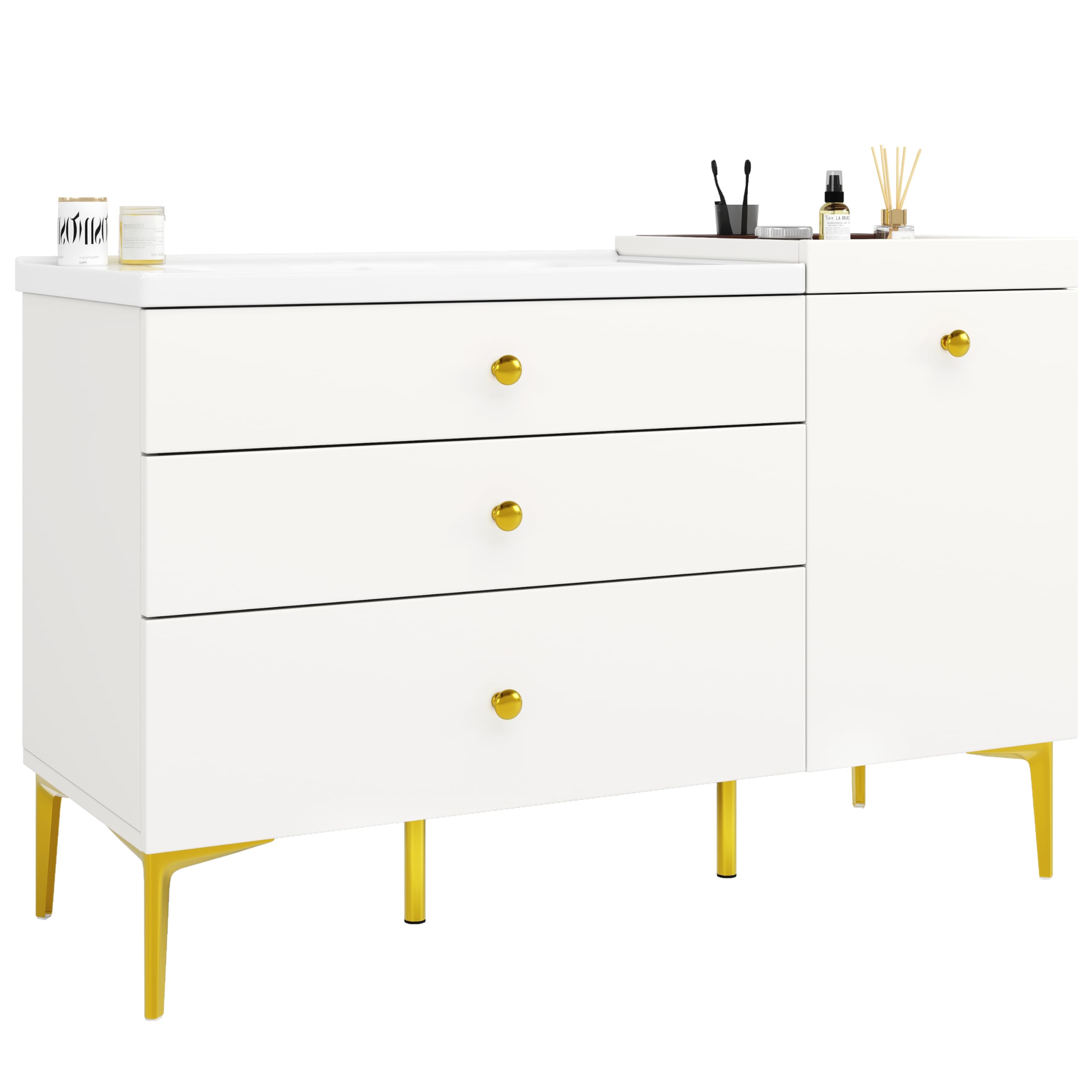 SUKY Armadietto da bagno con lavabo in ceramica, mobiletto da bagno con cassetti e armadio, moderno mobile da bagno, 120 x 47,5 x 80 cm, bianco con oro