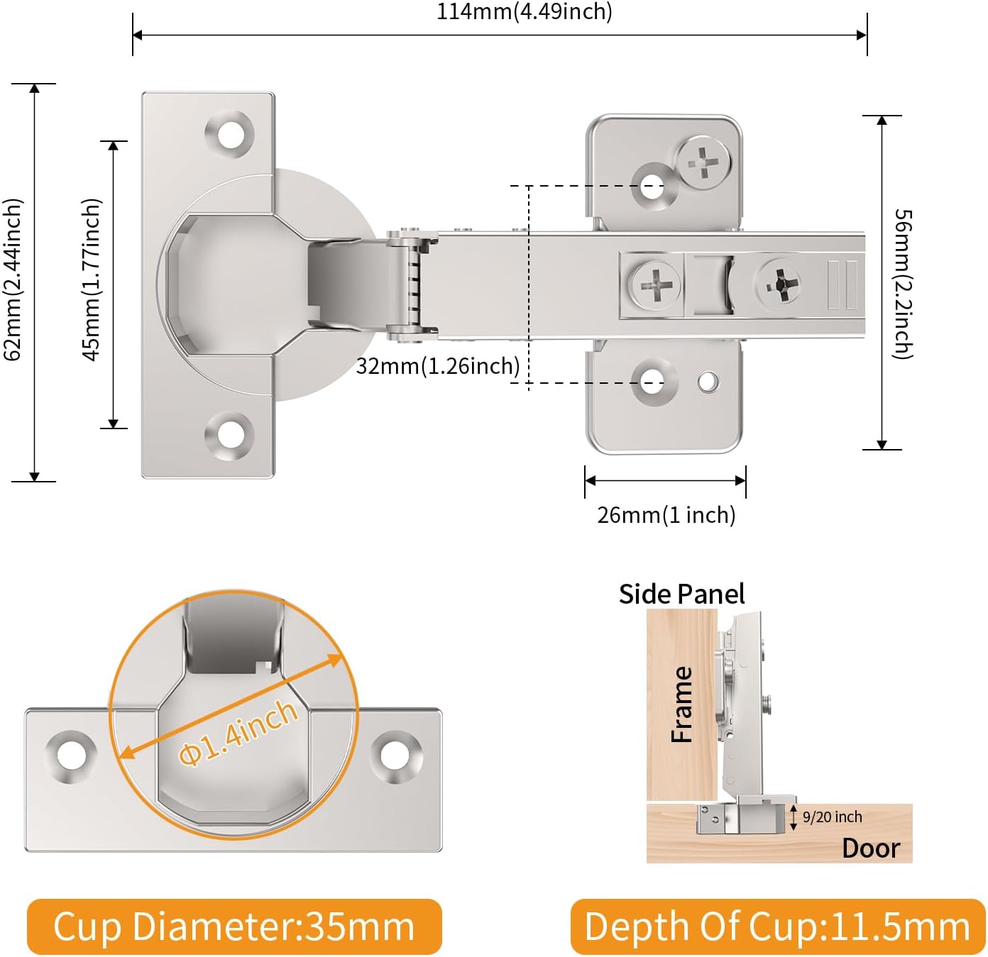 20 Pack Frameless Full Overlay Soft Close Concealed Hinges, Satin Nickel, Self Closing, 105° Open Angle 3D Adjustment, Stop 85 ＆ 105 Degrees, Clip On, Stainless Steel for Cabinet Door
