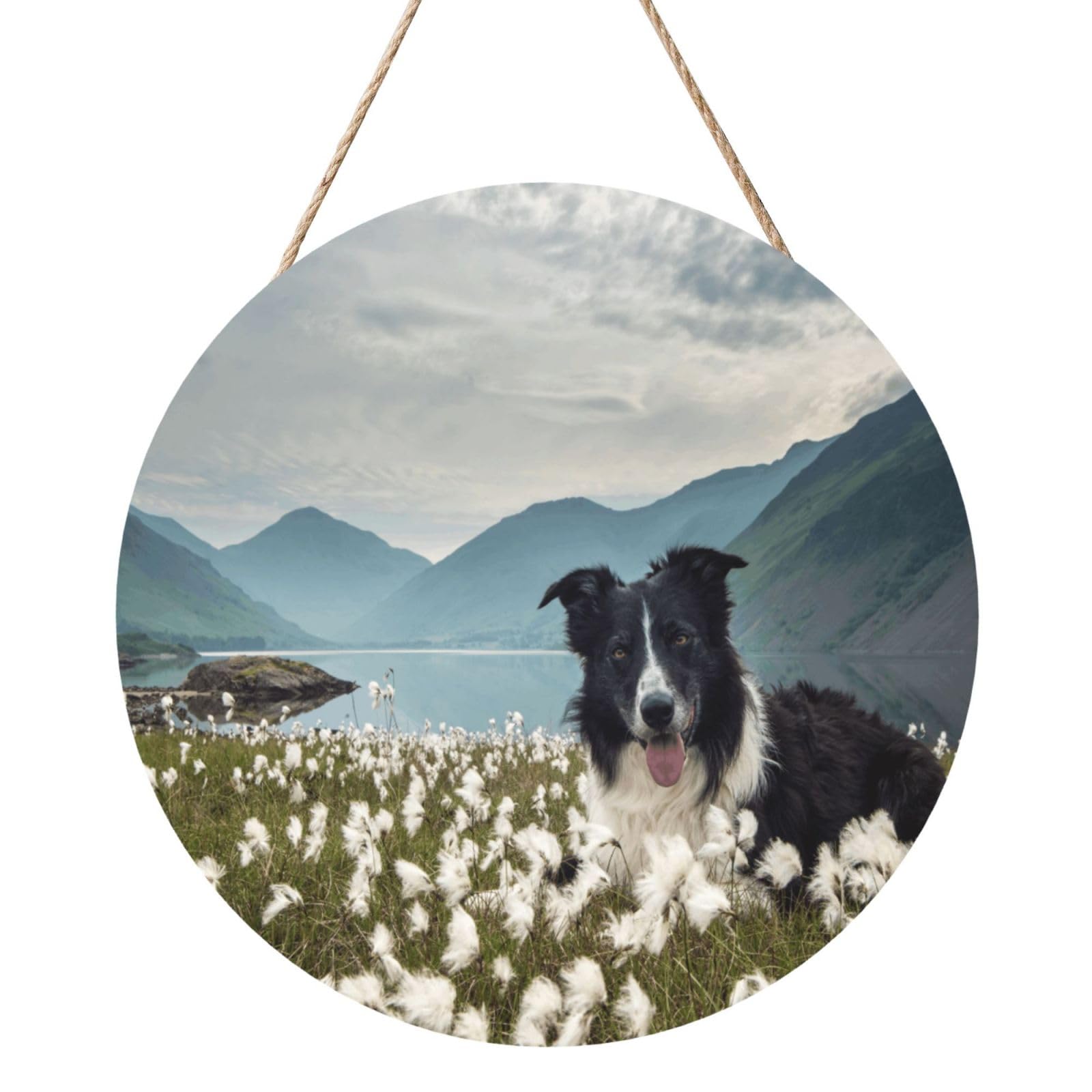 InOmak Border Collie Dogs Pets Grassland Black Border, Round Wood Panel Painting 12 in, Wall Hanging Painting For Home