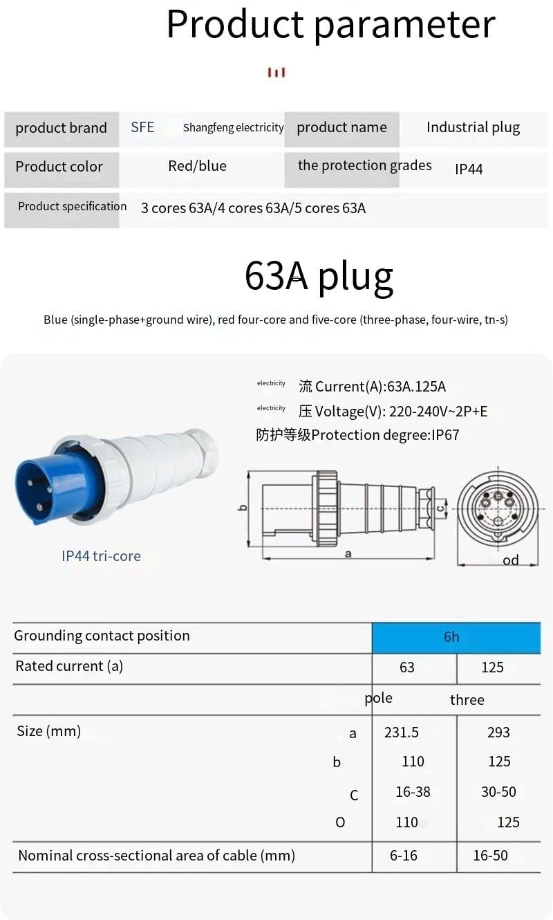 1 spina industriale da 63 A - Connettore impermeabile, antideflagrante, con grado di protezione IP44 for connessioni elettriche affidabili(4 core 63A SF 034)