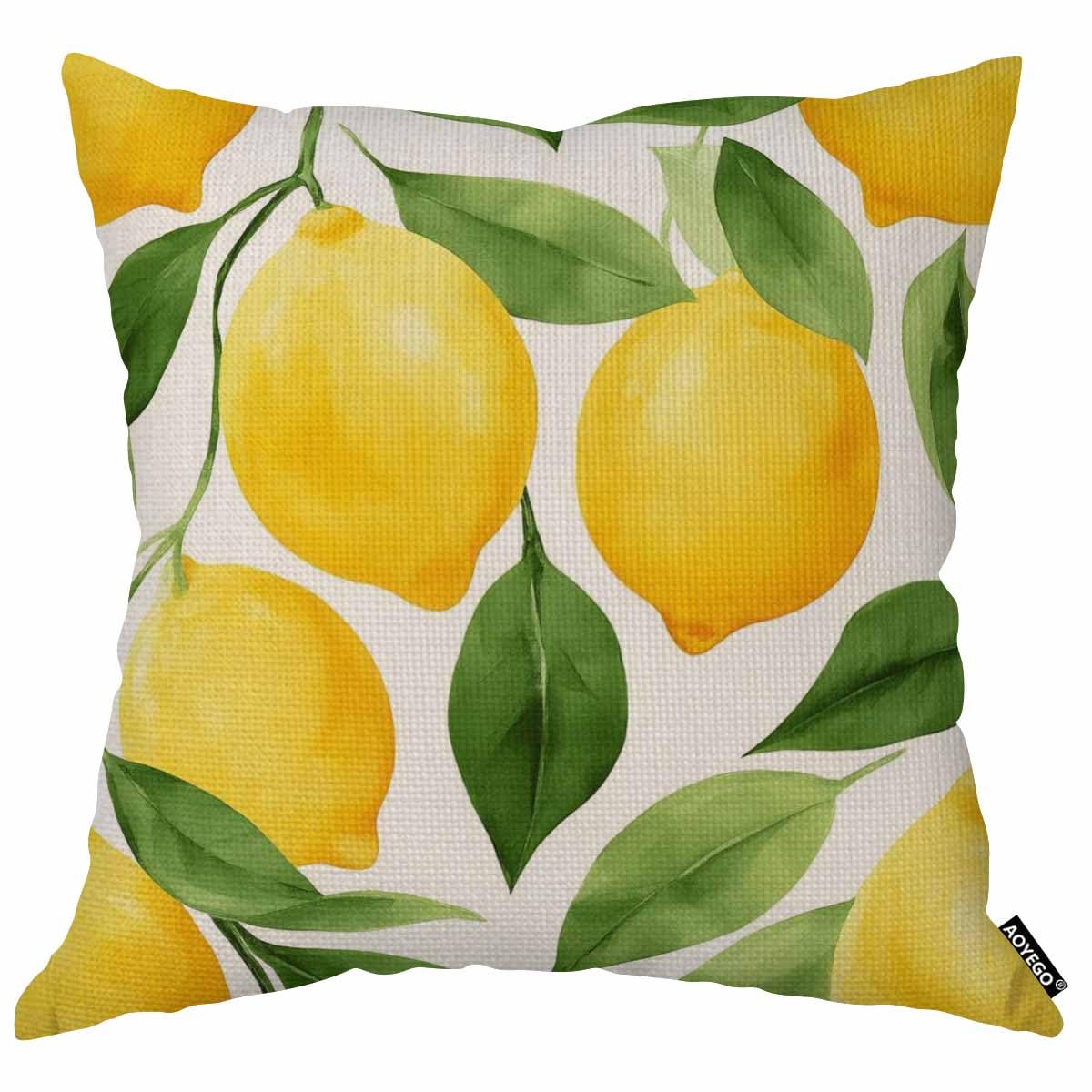 AOYEGO Lemon Throw Pillow Cover Tree Fruit Healthy Branch Fresh Cartoon Leaf Nature Ripe Vitamin Yellow Pillow Case 18x18 Inch Decorative Men Women