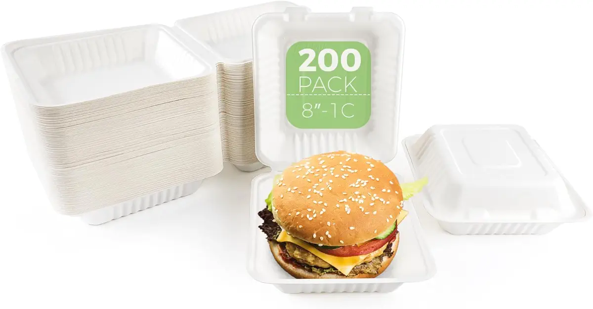 Azure Zone, 8 Inch, 1-Compartment Compostable Disposable Clamshell, 200 Pack, Eco Friendly, Biodegradable Made of Sugar Cane Fibers