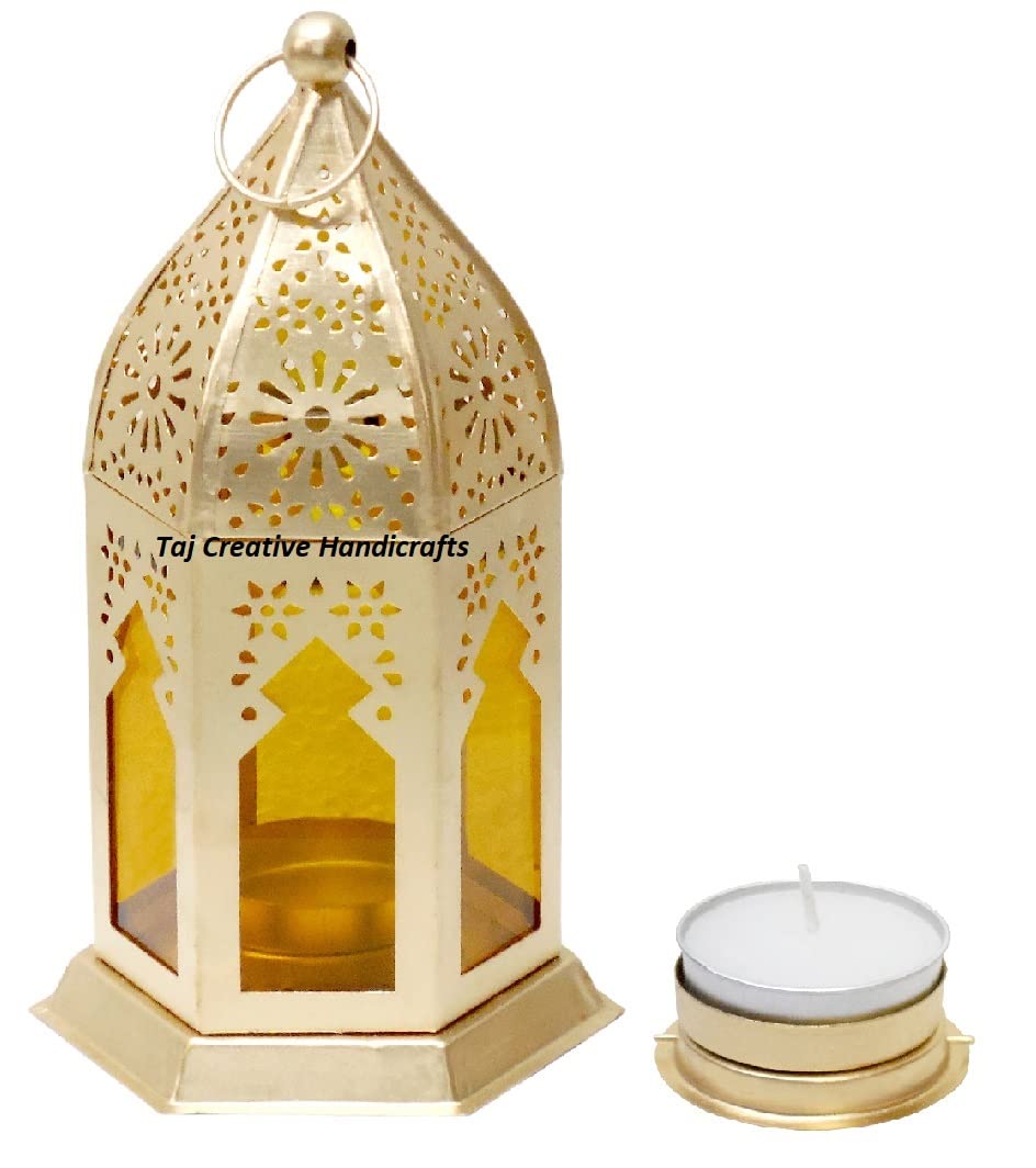 Iron Moroccan Hanging Lantern Lamp for Home décoration -Yellow (8.5 x 8.5 x 17 Centimeters)