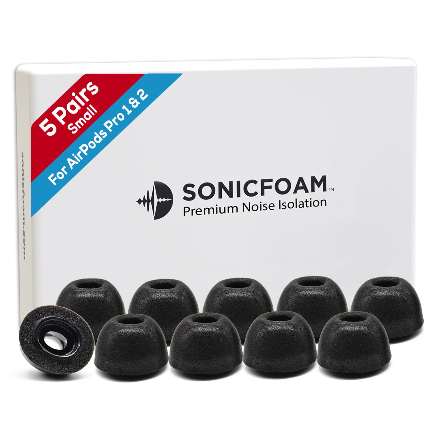 SONICFOAM (SFAir-1-2 Pro Small Black) Memory Foam Earbud Tips - Compatible with AirPods Pro 1st & 2nd Gen - (10 Pack / 5 Pairs)