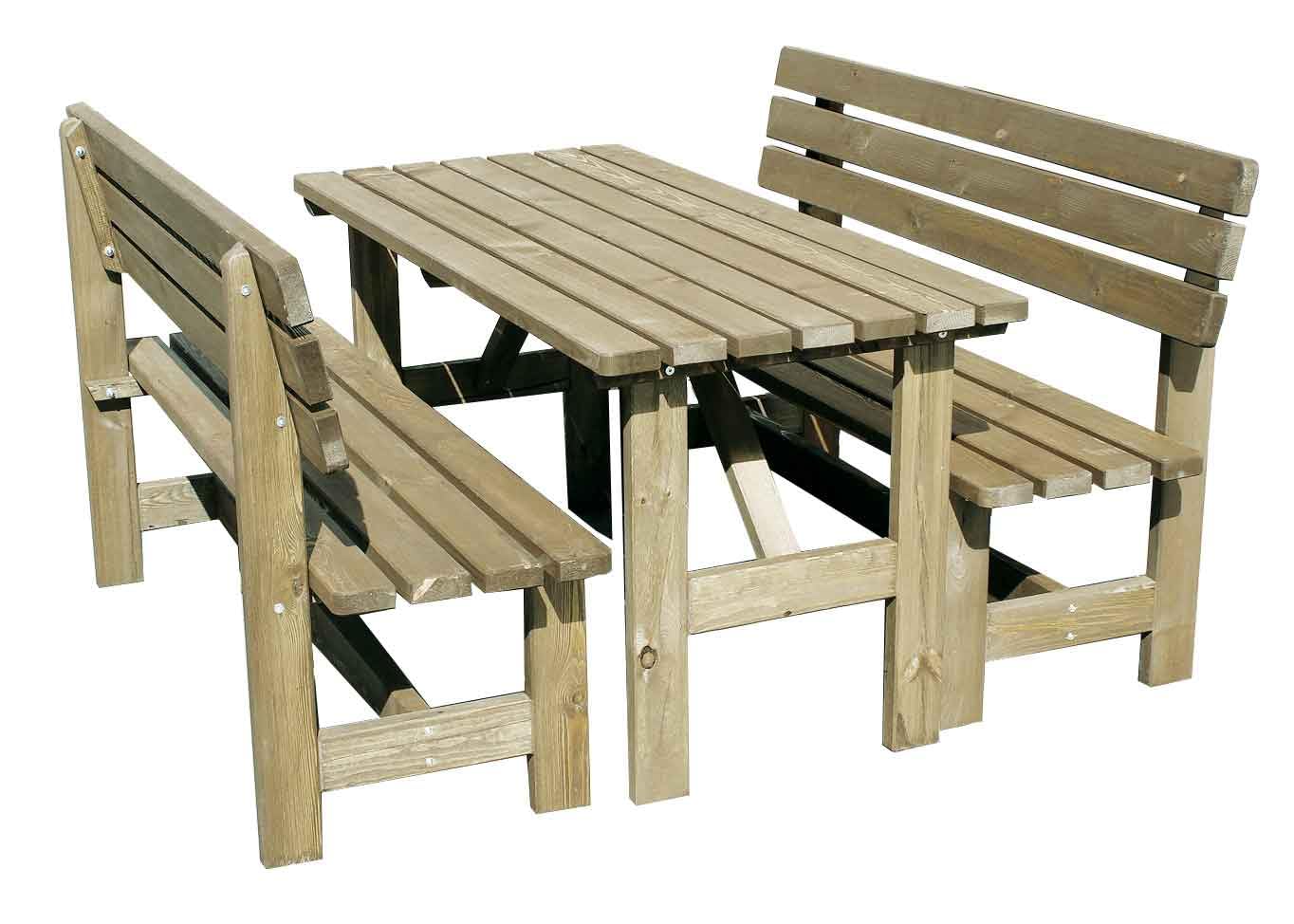 Wien - Set da giardino composto da 2 panche con schienale e 1 tavolo, in legno massiccio trattato con impregnante verde. Dimensioni: tavolo LAP 150x74x70 cm e panca LAP 150x45/90x53 cm