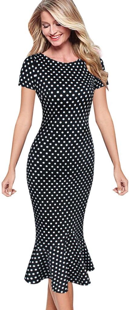 VfEmage Womens Elegant Vintage Polka Dots Print Mermaid Midi Mid-Calf Dress 2333 Black 20