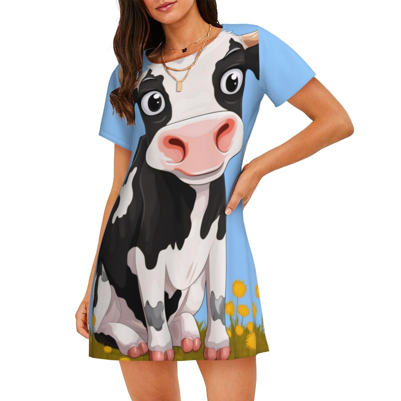 Dfepfkgokl Women's 3D Cute Dairy Cow Nighties Short Sleeve - Casual Sleep Dress Pullover For Summer Loungewear, Soft And Comfortable Nightgowns Sleepwear