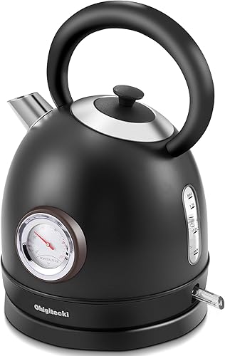 Hervidor eléctrico de 1.7L, caldera de agua retro de acero inoxidable con medidor de temperatura y apagado automático, hervidor de ebullición rápida