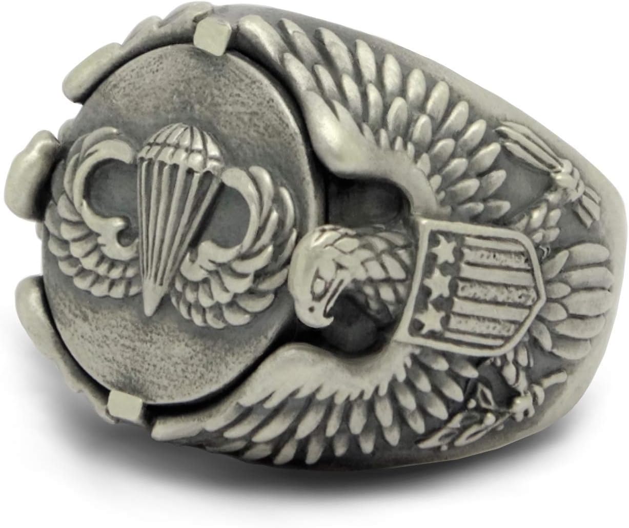 Airborne Parachutist Jump Wing American Eagle Biker Sterling Silver Mens Ring U.S. Army