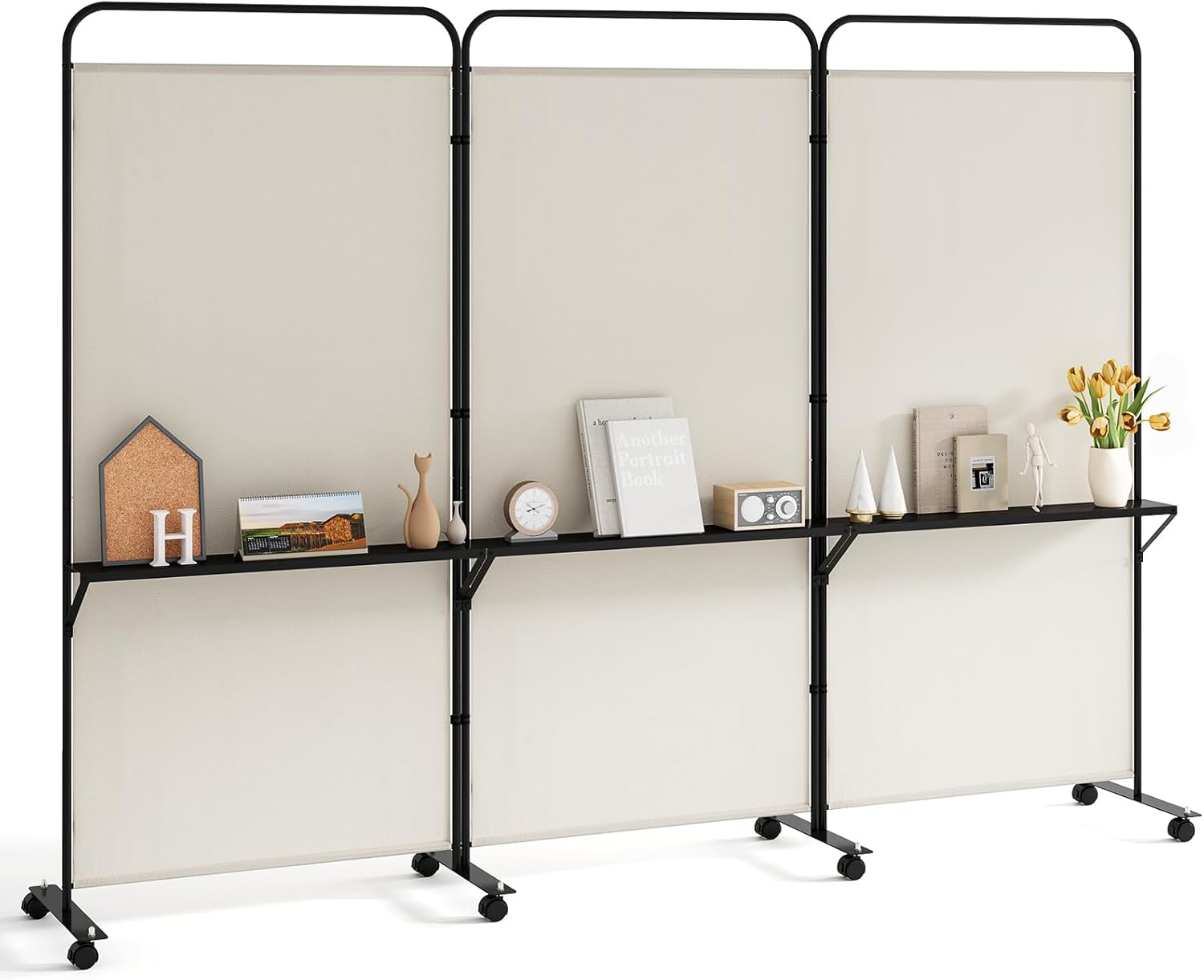 Giantex 3 Panel Room Divider with Wheels and Shelves, 103" W x 74" H Folding Privacy Screen, Rolling Partition Separator for Home Office Studio, Fabric Wall Divider for Room Separation (Beige)