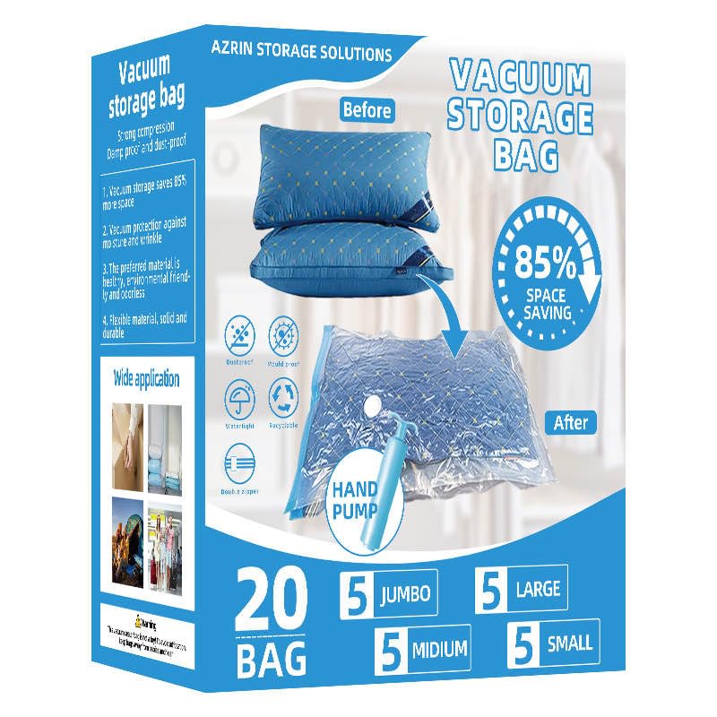 AZRIN 20 Pack Vacuum Storage Bags, Space Saver Bags (5 Jumbo/5 Large/5 Medium/5 Small) Hand Pump Included, Compression for Comforters and Blankets, Sealer Clothes Storage, Transparent