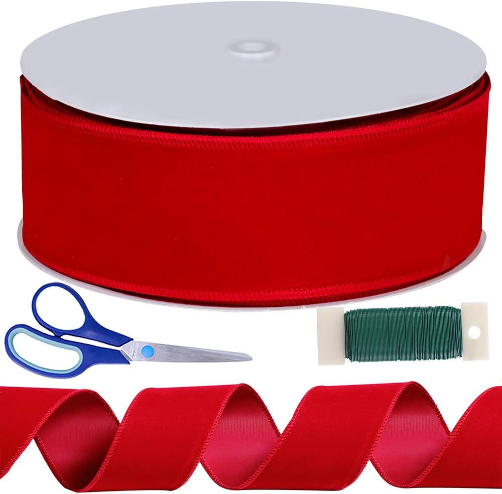 Winlyn 50 Yards Christmas Red Velvet Wired Ribbon 2-1/2" Wide Large Xmas Ribbon Trim Gift Wrapping Bow Craft for Christmas Indoor Outdoor Tree Wreath Bows Clothing Party Gift Embellishment