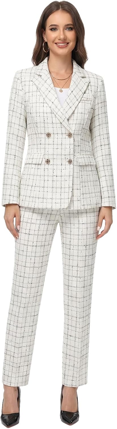 Lamgool Women Tweed Suit Plaid Blazer Pants Set Slim Fit Double Breasted Business Casual Wear