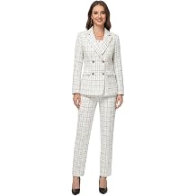 Lamgool Women 2 Piece Tweed Suit Plaid Blazer Pants Set