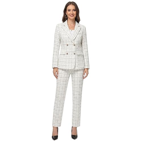 Women Tweed Suit Plaid Blazer Pants Set Slim Fit Double