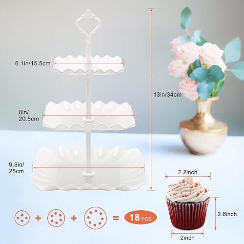 Miniatura 3 de Coitak Soporte para cupcakes de 3 niveles, soporte de plástico escalonado, bandeja de postre ondulada para fiesta de té, baby shower y boda (blanco