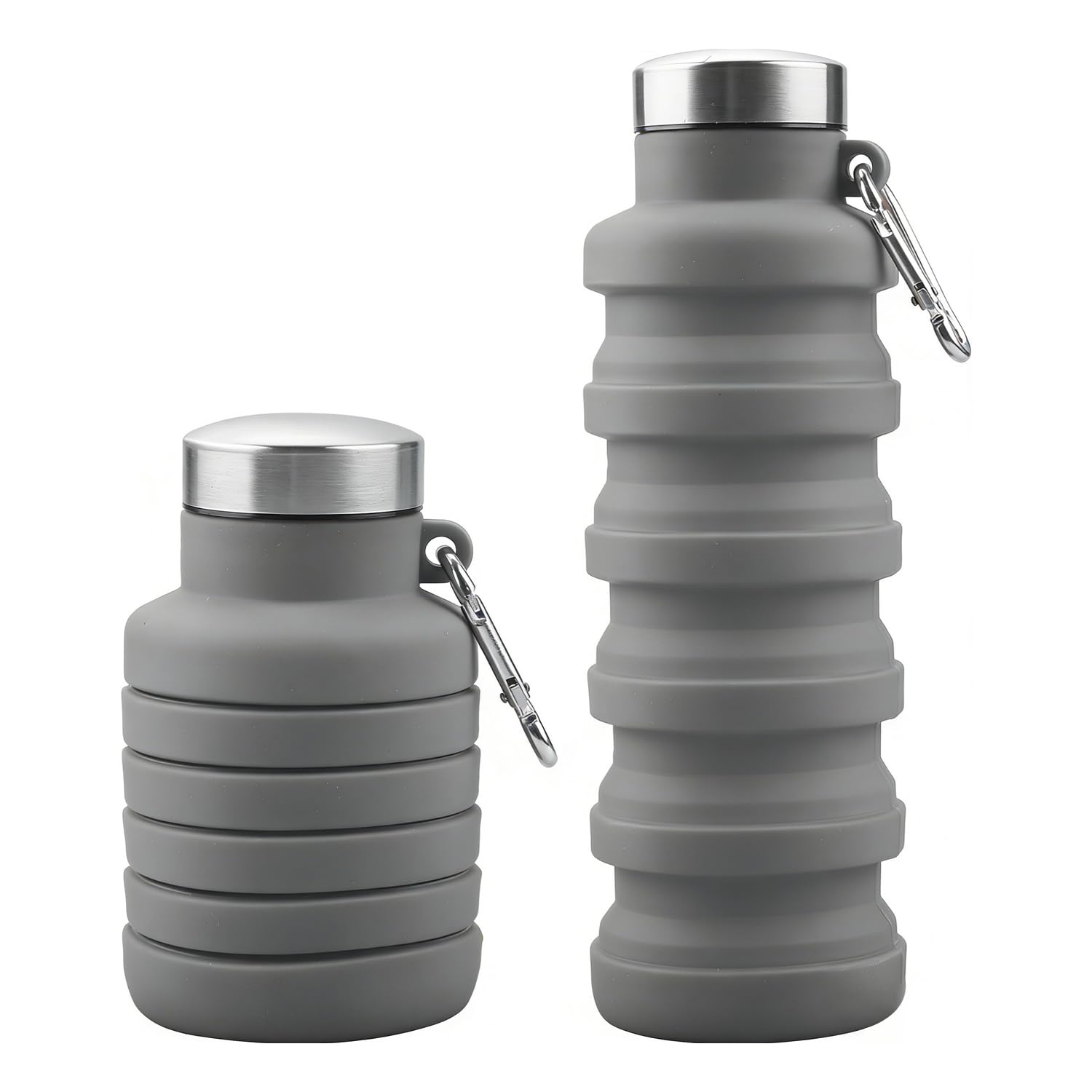 Gaomumu Grey 500Ml Collapsible Water Bottle, Silicone Travel Tumbler With Leakproof Cap, Foldable Gym Bottle With Carabiner Clip For Outdoor Sports, Hiking, Camping, Travel(Grey)