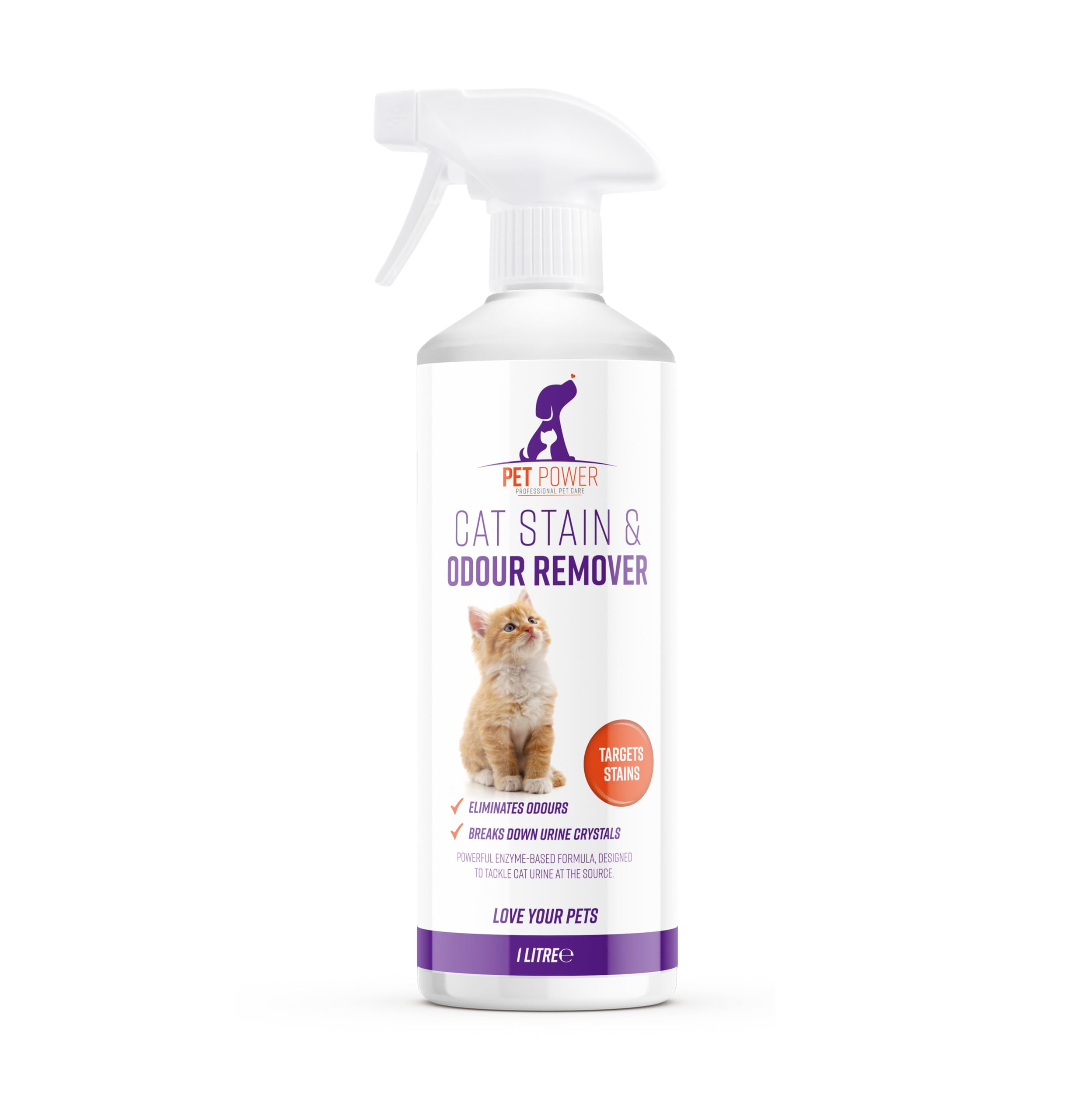 Pet Power - Cat Urine & Odour Remover - 1L Enzyme Cleaner - Eliminates Cat Accidents, Vomit & Bedding Smells - Safe for Pets Once Dried - Carpet, Sofa & Floors