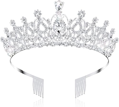 AOPRIE Tiaras y coronas de los años 80 para mujer, tiara de princesa plateada para niñas pequeñas, coronas y tiaras de cristal, accesorios para el