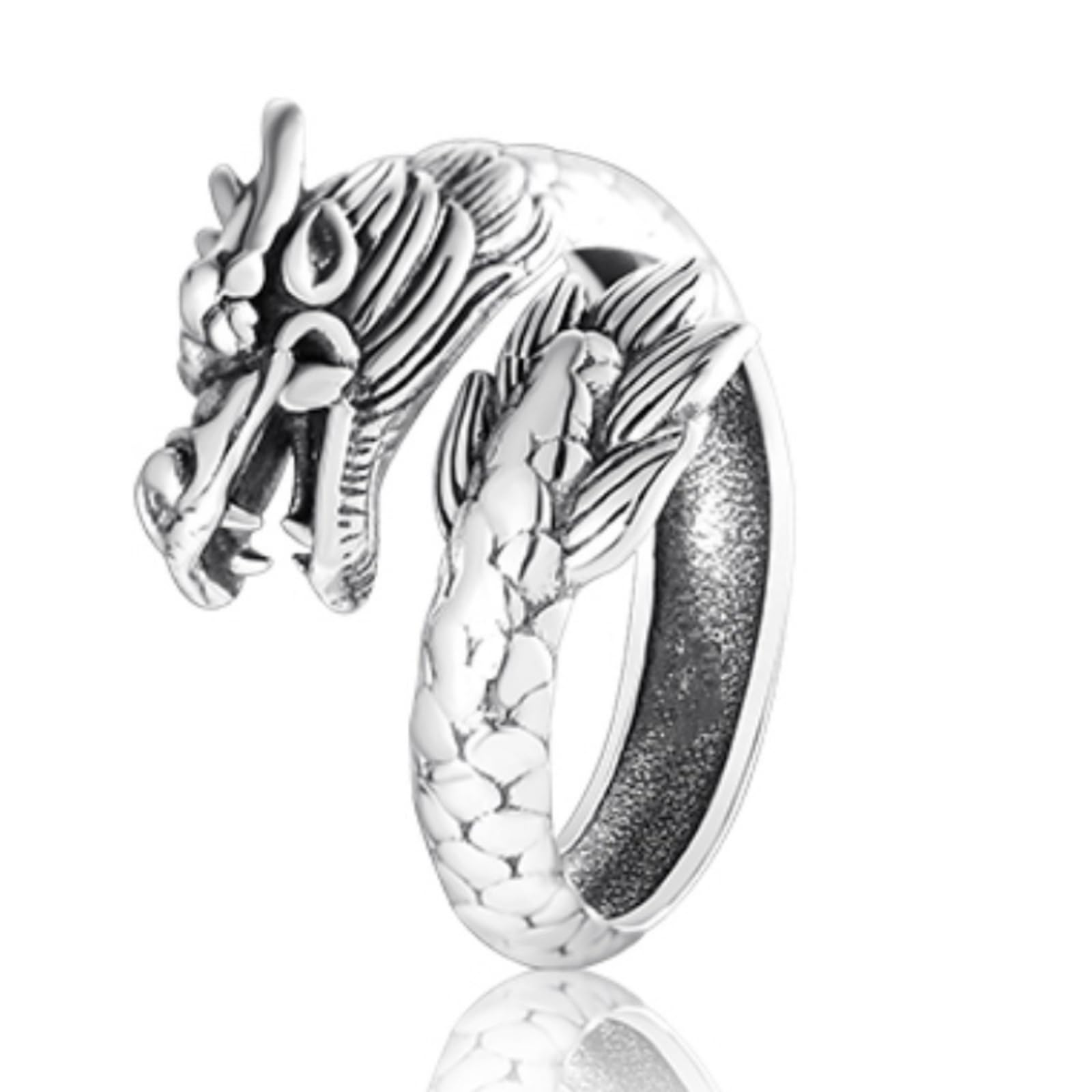 Thai Silver Dragon Cocktail Open Rings for Women,Unique Retro Silver Plated Dragon Charm Trendy Statement Adjustable Open Finger Band Rings Jewelry for Woman