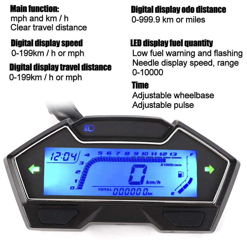 Contagiri Contachilometri Contachilometri 12V per Motocicli, Indicatore Digitale Multifunzione LED Display quantità Carburante, Adatto a Tutti i Motocicli, Applicabile