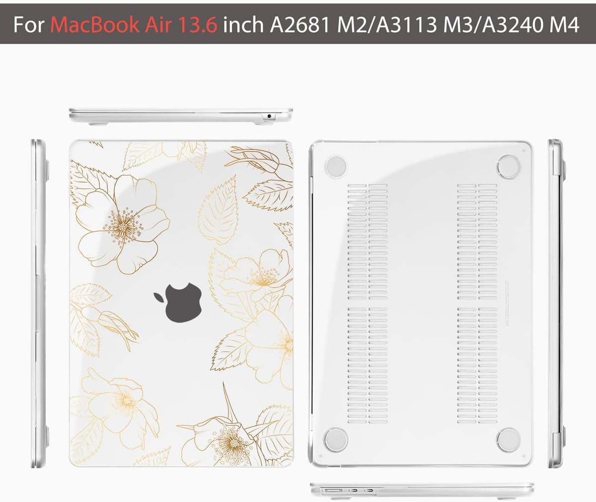Teryeefi for MacBook Air 13.6 inch Case M4 M3 M2 2022 2023 2024 2025 Model A2681 A3113 A3240 Plastic Hard Shell Cover with Screen Protector & Keyboard Cover & USB 3.0 Adapter, Gold Flower Leaf - Image 6