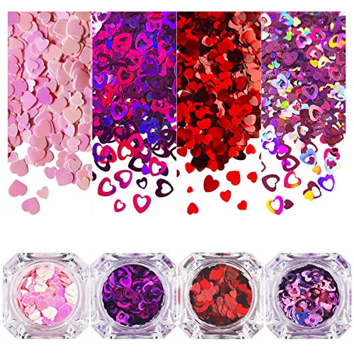 4 Jars Heart Nail Sequin, Ultra Thin Nail Glitter Paillette, Laser 3D Nail Art Flakes, Shining Sequin Paillette for Face DIY Crafts