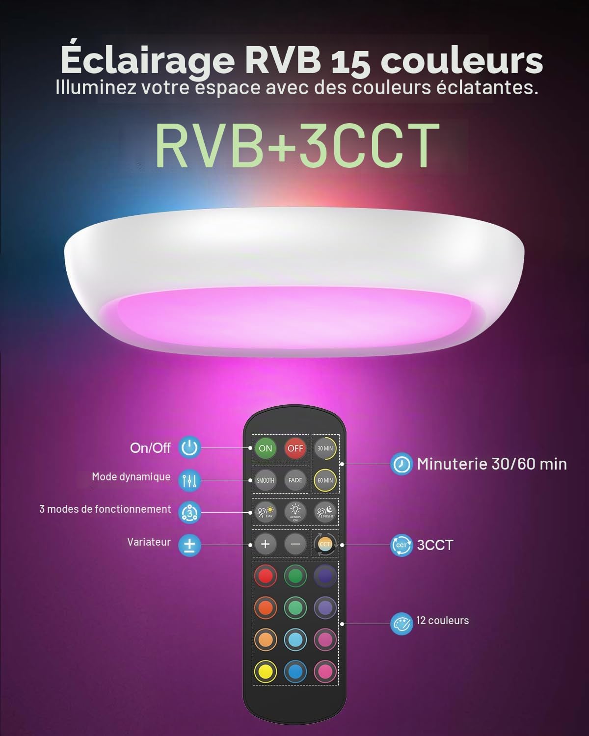 Plafonnier Rechargeable Sans Fil RGB, Lumiere Douche Etanche IP54