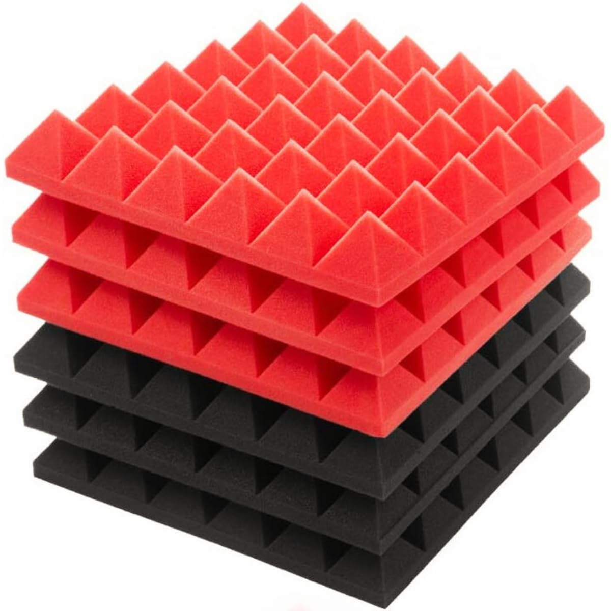 MOCKING BIRD 6 Pcs Acoustic Foam 12" X 12" X 2" High Density Pyramid Acoustic Panel Soundproof Foam Eco Absorption Studio wall Panel (6 Pcs, Black & Red)