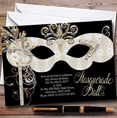 White & Gold Masquerade Ball Personalized Party Invitations