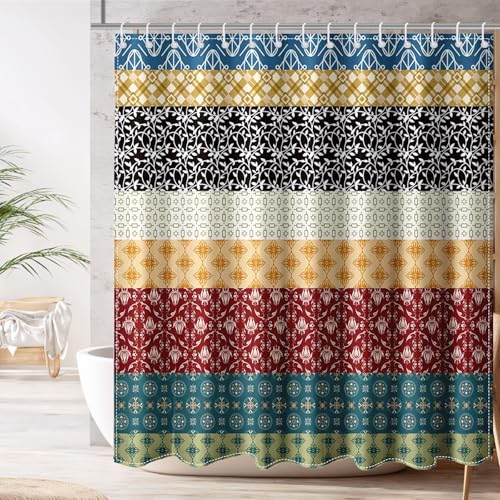 Mocsicka Vintage Boho Shower Curtain for Bathroom, Farmhouse Retro Striped Shower Curtain Colorful Southwest Ethnic Style Groovy Funky Bath Curtain for Bohemian Decor, 72x72 Inch