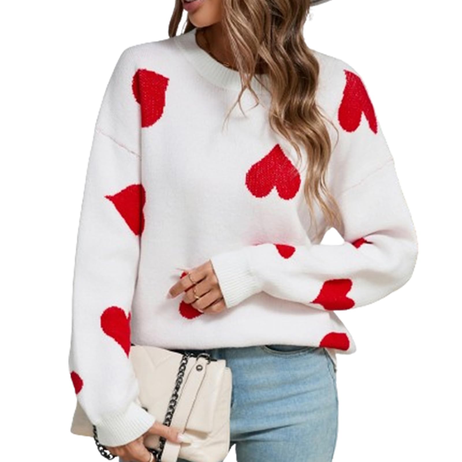 Heart Print Sweater for Women Valentines Day Long Sleeve Oversized Pullover Sweater Y2K Knit Top