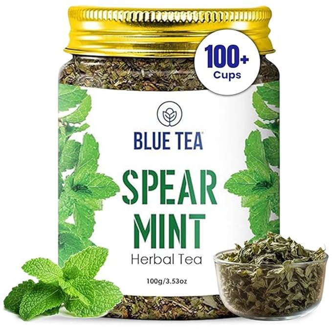 BLUE TEA - Spearmint Tea - 100 gm -100 Cups | Pcos Relief | Balances Hormones, Reduces Facial Hair & Acne and Supports Digestion | Herbal Tea - Dried Loose Leaf - Caffeine Free | Reusable Pet Jar