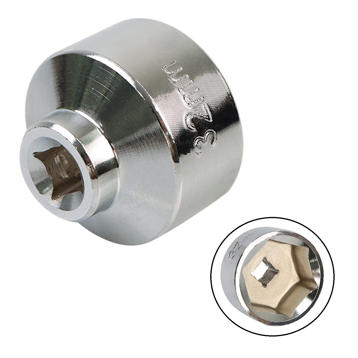 32mm Oil Filter Socket Oil Filter Wrench 6-Point 3/8" Drive Oil Filter Removal Tool Compatible with BMW，Audi，Buick，Chevrolet，Ford，GMC，Land Rover，Morgan Toyota and All with 32mm Oil Filter Caps-Sliver