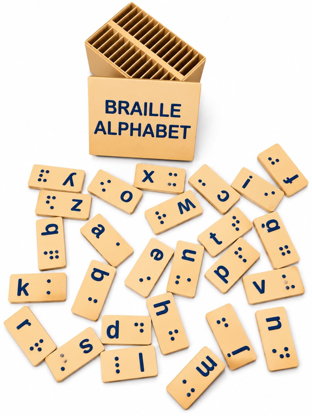 Braille Alphabet Learning Toy Set for Blind & Visually Impaired Kids, Tactile Braille Letter Cards with Storage Box, Montessori Sensory Educational Toy, Orange (Low-Case Beige & Navy)