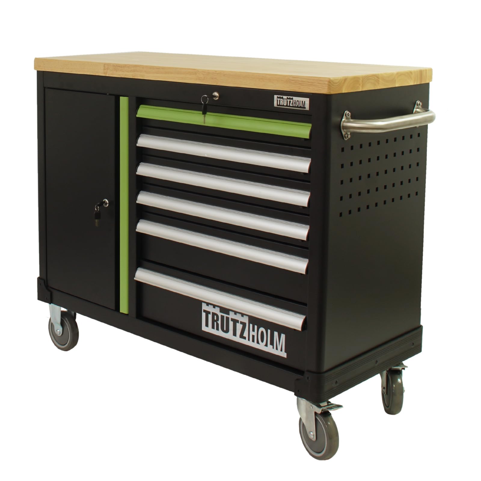 TRUTZHOLM Werkzeugwagen leer Deluxe, Werkstattwagen mit 6 Schubladen & Türfach, abschließbarer Werkzeugschrank rollbar mit Massivholz-Arbeitsplatte, fahrbare Werkbank 108 x 46,5 x 77 cm, grün/schwarz
