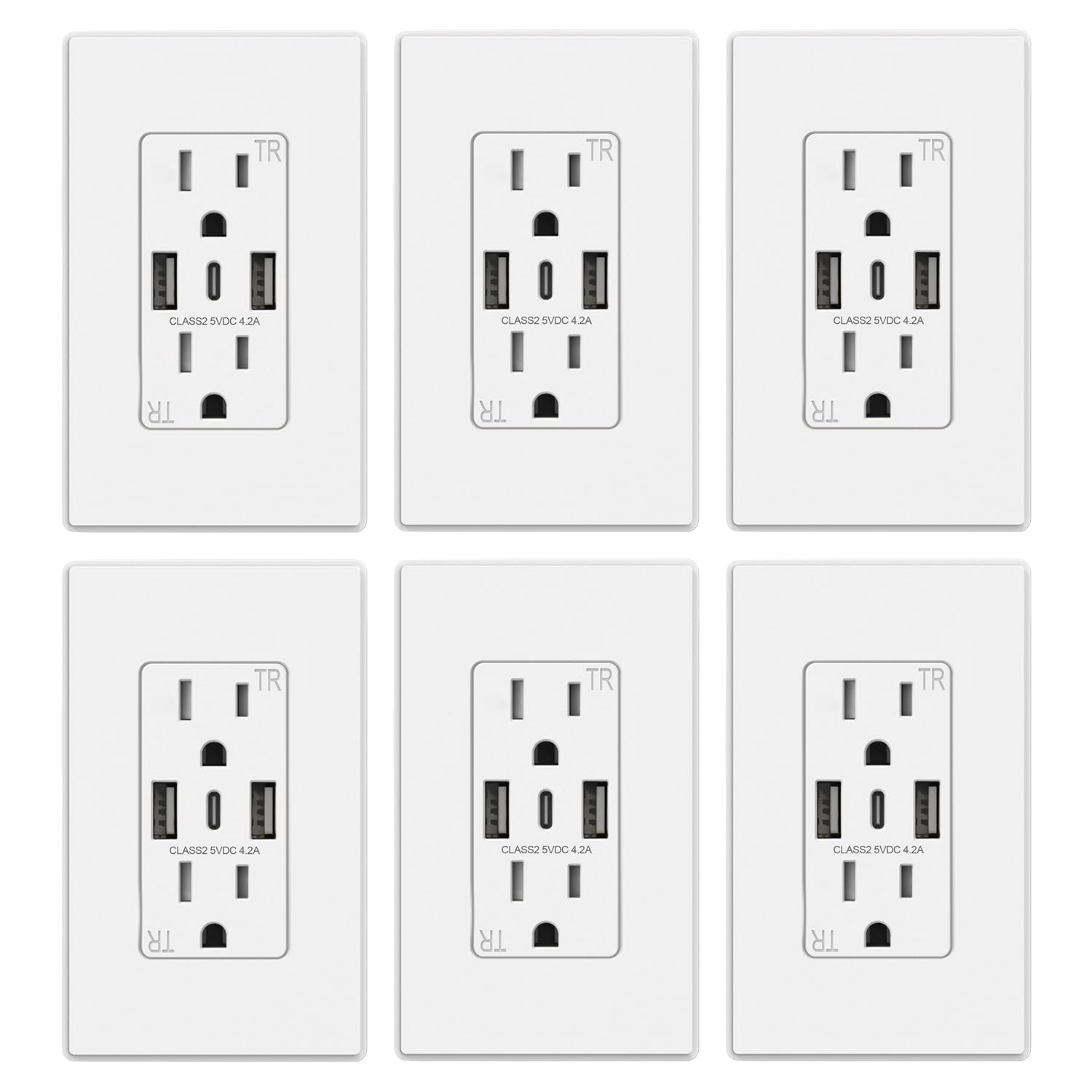 ELEGRP USB-C Wall Outlets - 3-Port Matte White 15Amp Outlets with USB, Tamper-Resistant, Screwless Wall Plate, UL & CUL Listed - 6 Pack